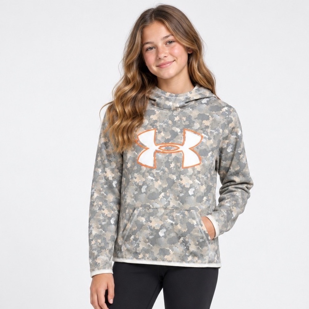 Under Armour Youth XL ColdGear Camo Hoodie Grey Orange Digital Camouflage